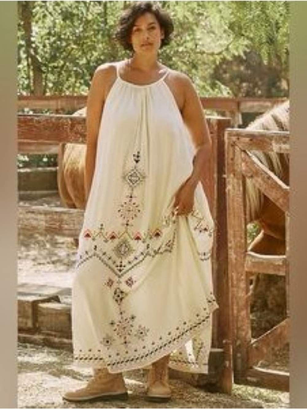 Anthropologie Cream Embroidered Halter Maxi Dress